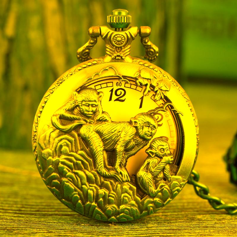 

Pocket Watches Bronze Chinese Zodiac Monkey Watch Retro Pendant Necklace Fob Chain Half Antique Clock Unisex Gifts, 80cm necklace chain