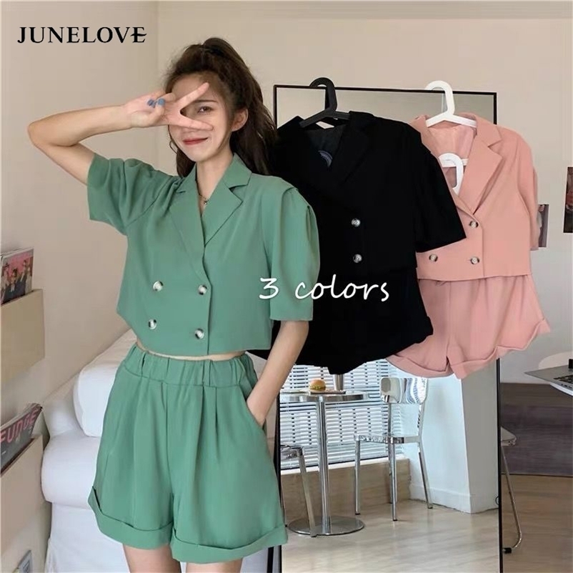 

Women Summer Two Pieces Casual Sets Vintage Double Breasted Short Blazers Female Suits Office Lady Blazers&Shorts 210517, Green sets