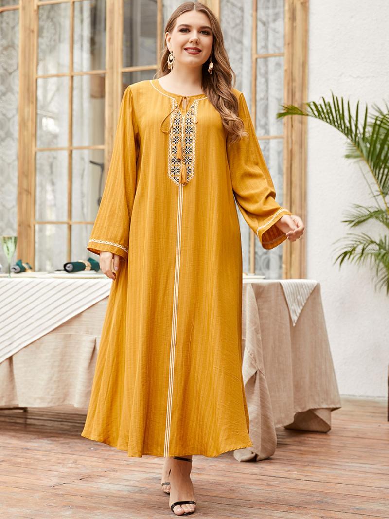 

Ethnic Clothing Unique Yellow Abaya Embroidery Muslim Dress Women Long Sleeve Bohemian Robes Caftan Arabic Turkish Dubai Skirt