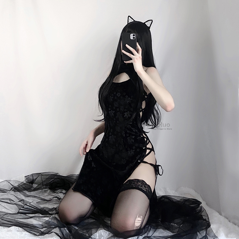 

Retro Velvet Cheongsam Nightgowns Sexy Anime Lingerie Bandage Temptation Side Slit Chinese Qipao Traditional Dress for Women, Red