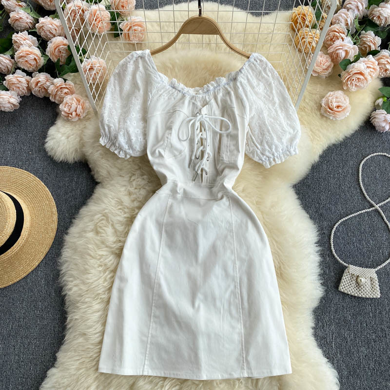 

Women Black Belt Ruffles Dress Slash Neck Short Sleeve Arrivals Lady Sexy Fashion Spring Summer 11D55201M 210525, White