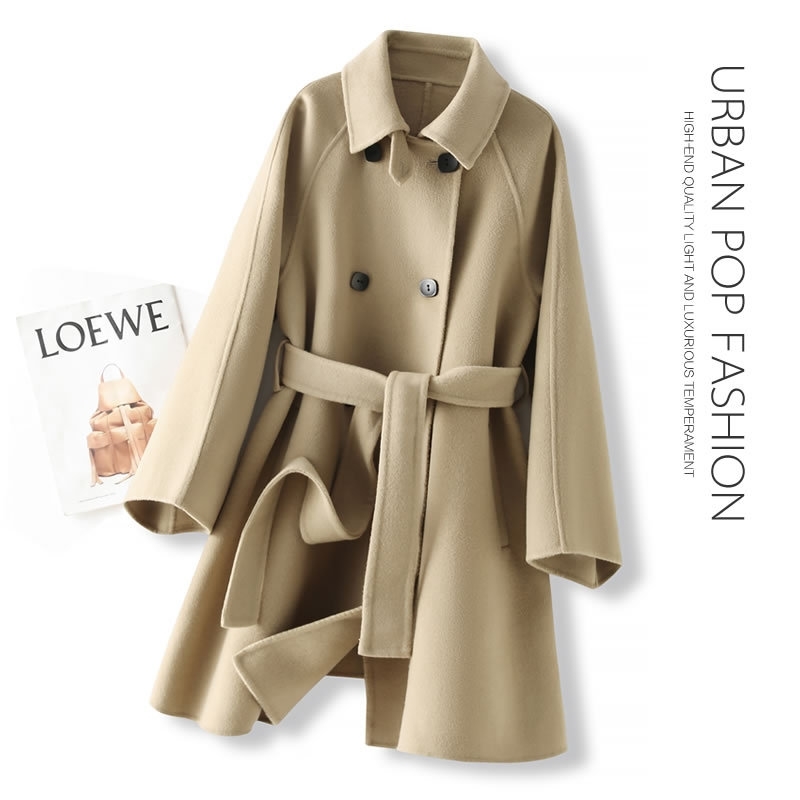 

2021 autumn winter popular women's new double-sided tweed medium and long wool overcoat slim belt, Black