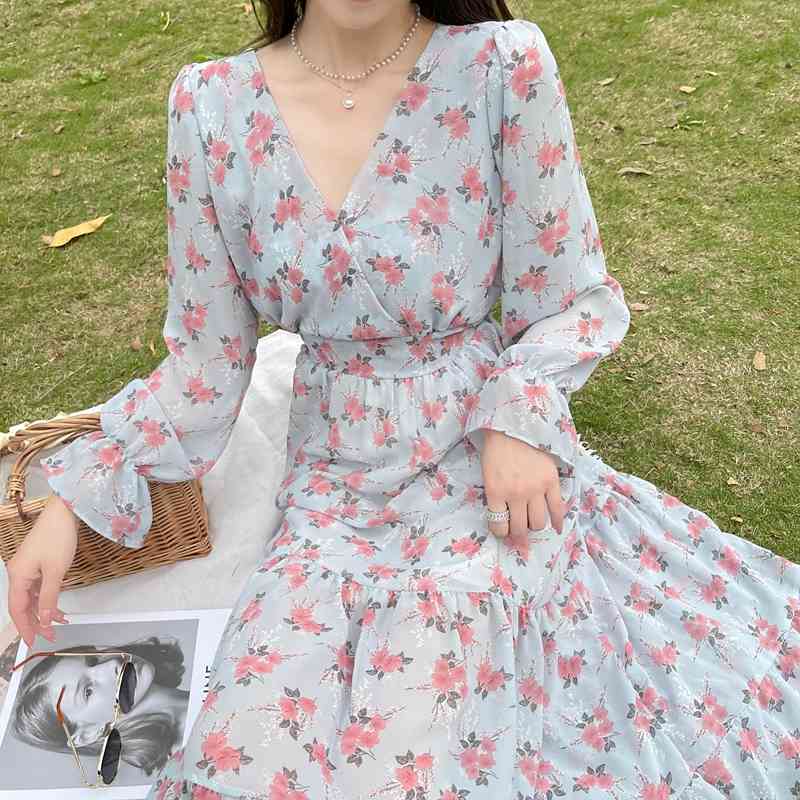 

Women's Chiffon Dress Female Vintage Floral Printed Long Sleeve Spring Autumn V-Neck High Waist Slim Midi Dress Vestidos 210518, Picture color