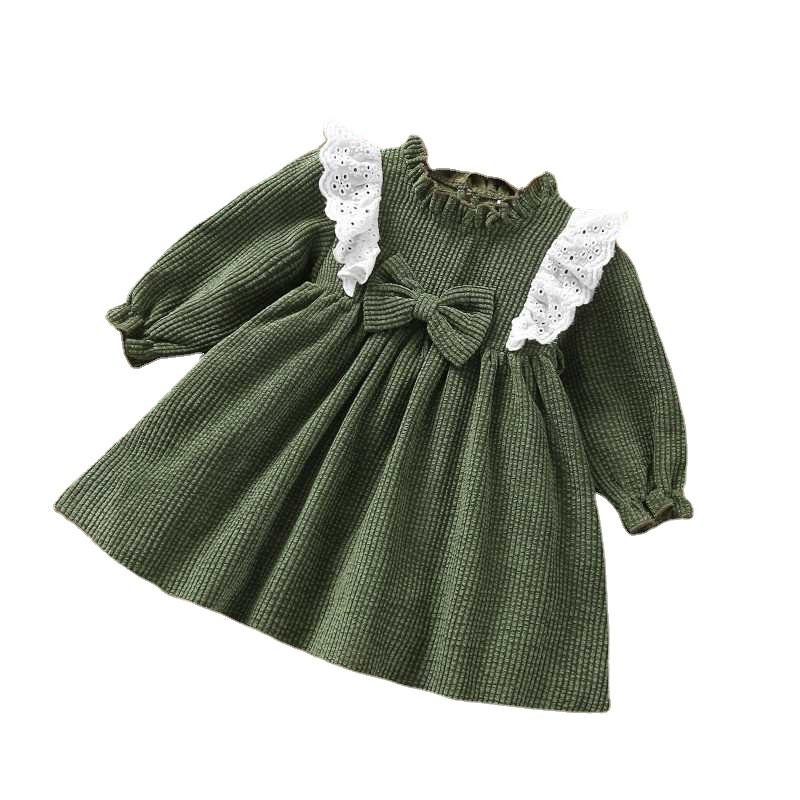 

Girl's Dresses Autumn Winter Born Baby Girls Corduroy Lace Knee-length Dress Clothes Long Sleeve Children Kids 2 3 Year 6 9 12 18 Month, Red;yellow