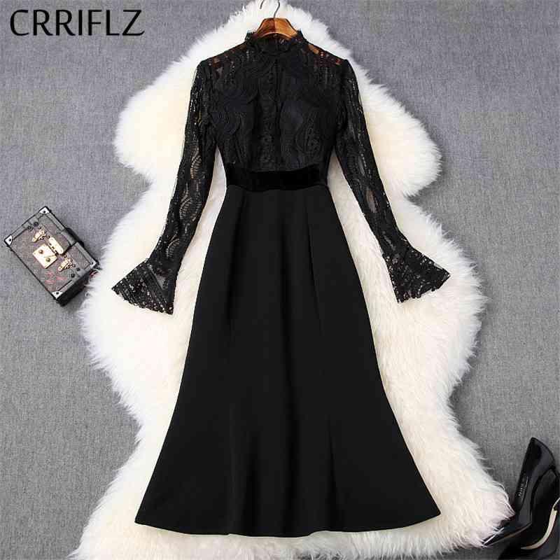 

Autumn Winter Mermaid Dress Women Lace Patchwork Slim Long Flare Sleeve Stand Collar Black Party Office Lady CRRIFLZ 210520