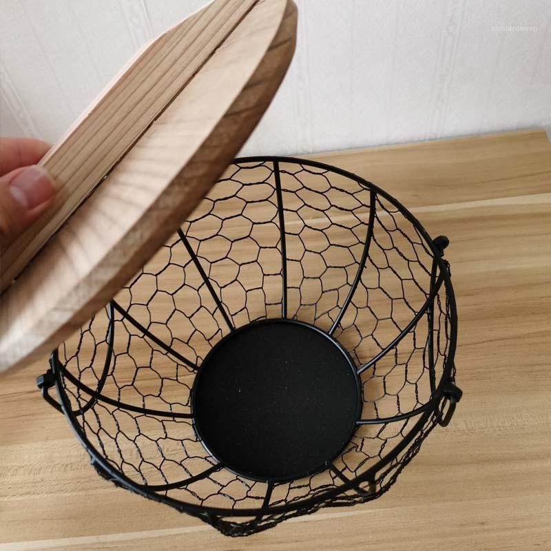 

Storage Baskets Home Kitchen Chicken Egg Basket With Natural Wood Lid Cover Mesh Iron Wire Case Fruit Bowl Container Handle