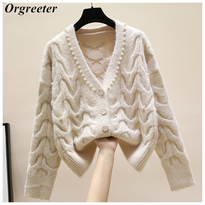 

All-match Sweet Beaded V-neck Knitted Cardigan women' Autumn Winter Long Sleeve Outerwear Jacket Trend 210525, Picture color