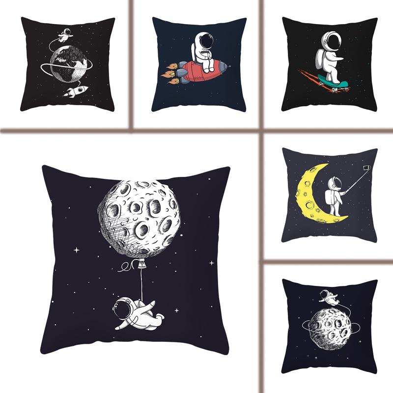 

Pillow Case Single-sided Printing Polyester Cushion Cover Astronauts Universe Cosmos Black Cartoon Letter Decorative Pillows For Sofa