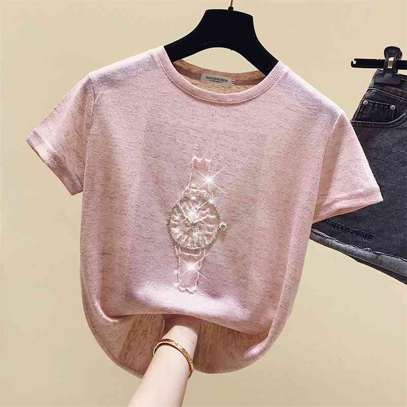 

gkfnmt T Shirt Women Summer Tops Beading T-Shirt Female Short Sleeve Korean Fashion Tshirt Woman Clothes Tee Shirt Femme 210722, White