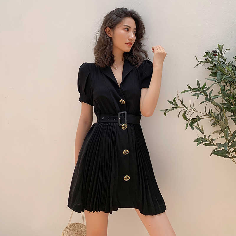 

Runway Pleated Chiffon Dress Fashion Office Lady Notched With Belt Black Mini Party A-Line Dresses Female Vestido Summer 210608