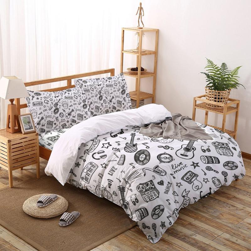 

Bedding Sets Music Guitar Stick Figure Graffiti Print Comforter Set Duvet Cover Queen King Bed Home Housse De Couette Gift, As pic