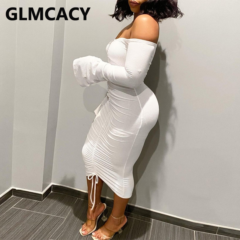 

2021women flare sleeve off shoulder bodycon dress, Black;gray