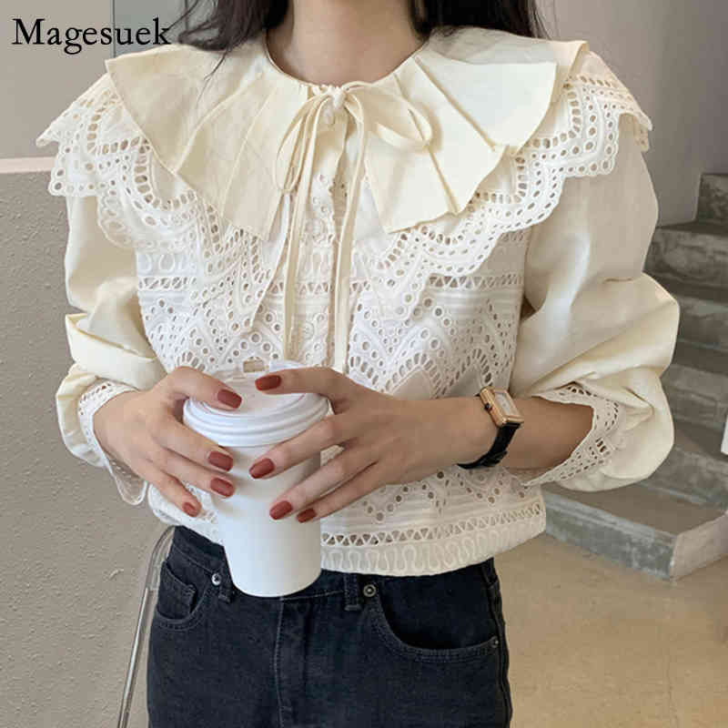 

Spring Sweet Hollow Out Embroidery Lace Shirts Women Korean Peter Pan Collar Tops Cotton Long Sleeve Ruffled Woman Blouses 12717 210518, Apricot