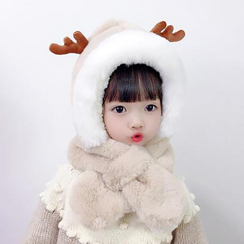 

Beanies Kids 3 In 1 Warm Plush Winter Hat Children's And Scarf One Thickened Cute Baby Antler Ear Protection Hats
