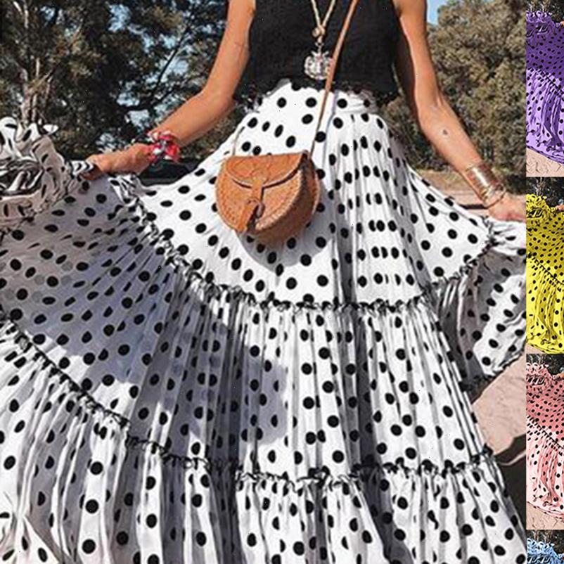 

salesnew arrival summer plus size womens skirt polka dot high waist ruffled a line swing maxi wholesale dropshipping, Black