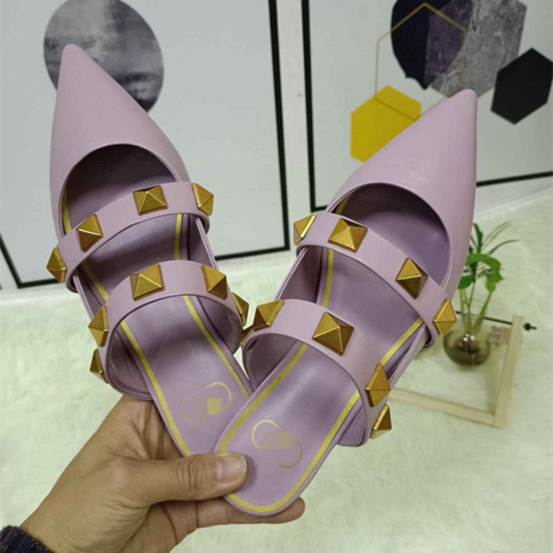 

2021 spring and summer Slippers Baotou low heel cowhide pointed half solid color womens Sandals, Black