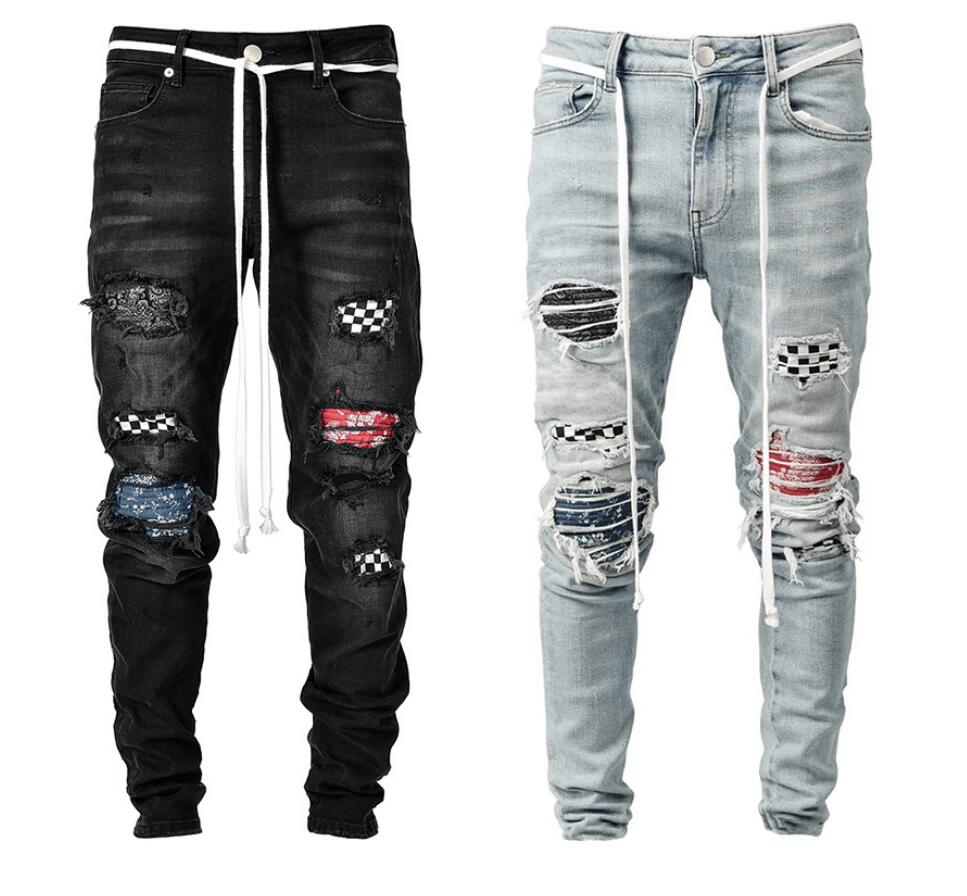 

Top High Quality Designer Mens Jeans Motocycle HolesLuxury Denim Men Fashion Streetwear men's clothing pants, Blue