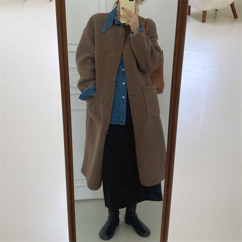 

O-Neck Blends Women Solid Coats Lambswool Winter Outwear Warm Elegant Loose Retro Female Casual Long Clothe 210525, Coffee