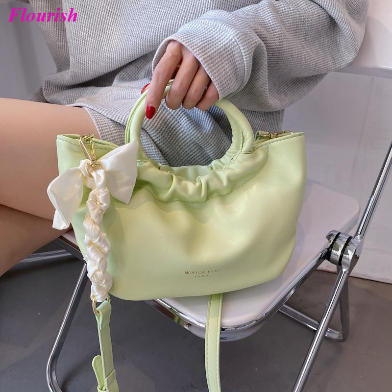 

Cross Body Fashion Ruched Handbags Leather Ribbon Tote High Quality Shoulder Bags Crossbody For Women Luxury Designer Sac Jelly Bag, White