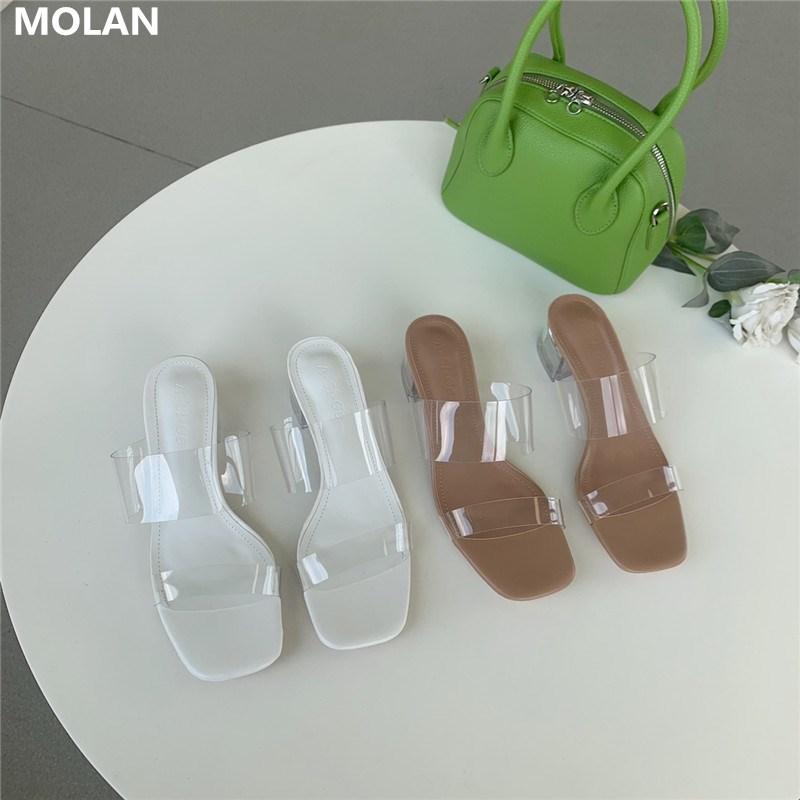 

Dress Shoes MOLAN Brand Designer 2021 Summer Sexy Transparent Band Square Heels Woman Pumps Socofy Ladies Slip On Loafers Mules, Black