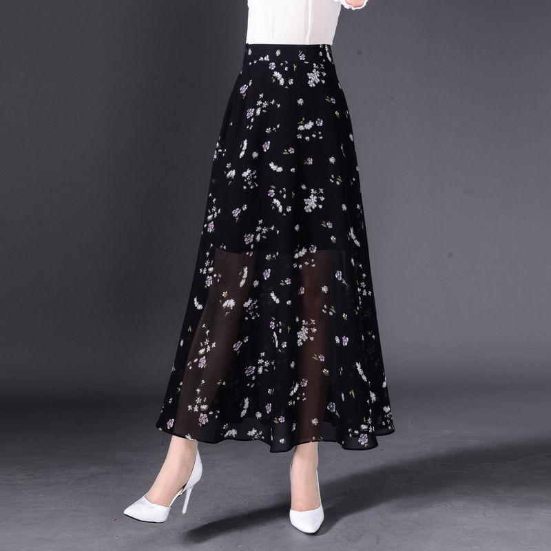 

Skirts 2021 Summer Women Korean Floral Print Chiffon Skirt Beach Holiday Elastic High Waist Long Jupe Femme Faldas Saia X11