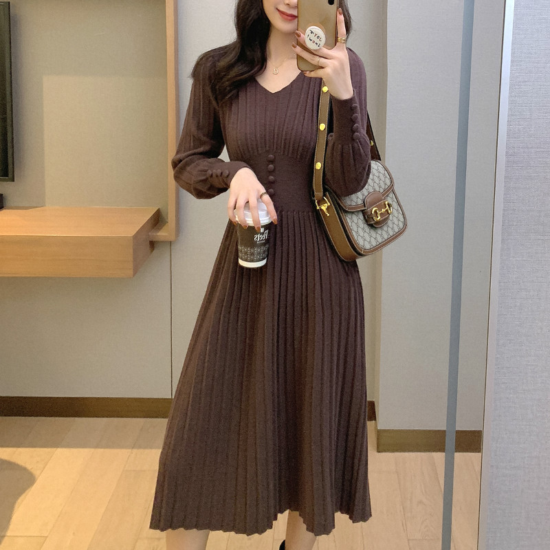 

Knitted Dress Women Casual Long Sleeve Vintage Elegant Office Sweater Dress Female 2021 Spring One-piece Dress Korean Outerwear, Coffee short dress