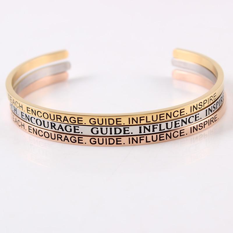 Bangle Stainless Steel Engraved &#039;&#039;TEACH ENCOURAGE GUIDE INFLUENCE INSPIRE&#039;&#039; Positive Quote Handmade Cuff Mantra Bracelets-image-705511263