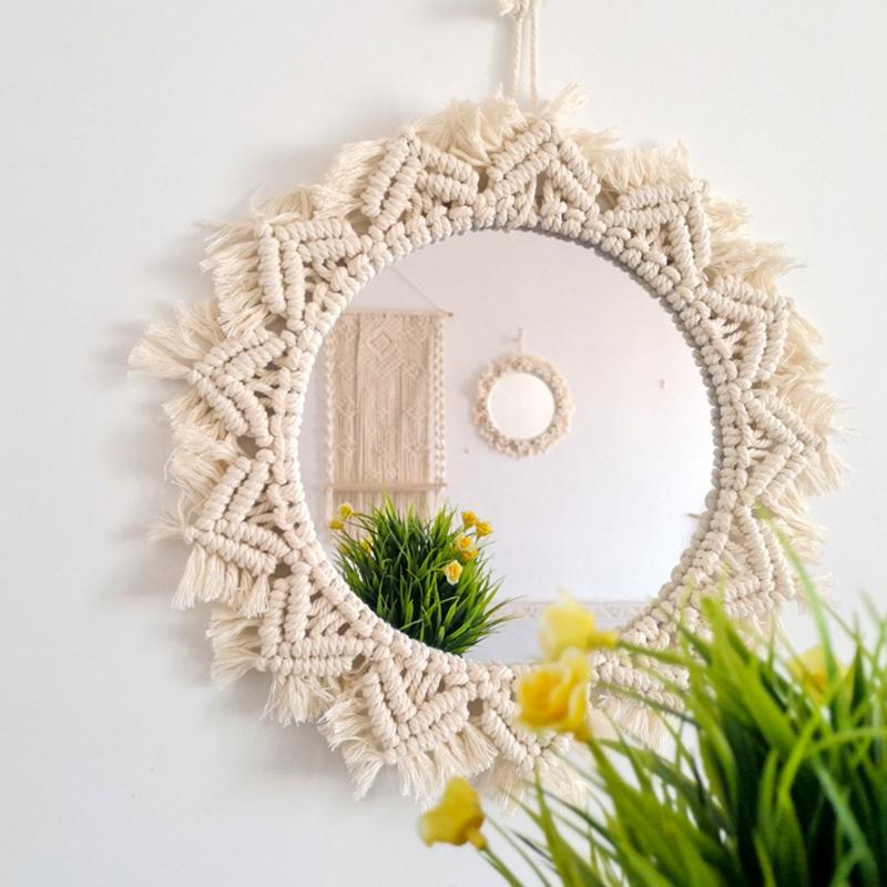 

Decorative Objects & Figurines Macrame Mirror Handmade Makeup Lighted Compact Wall Tapestry Home Porch Mirrors For Bath Room
