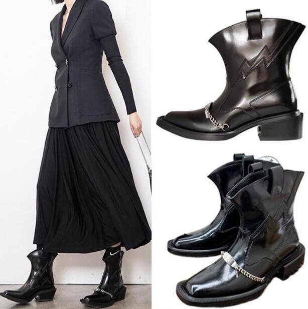 

boots british retro-black genuine square leather chelsea chains boots 45 millimeter woman low heels slide down punk street booty style rpxs
