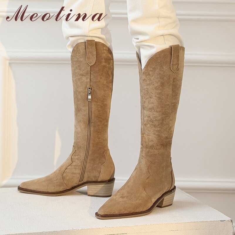 

Meotina Pointed Toe Knee High Boots Women Med Heel Western Boots Chunky Heel Shoes Zipper Ladies Long Boots Autumn Winter Black 210608, Black synthetic lin