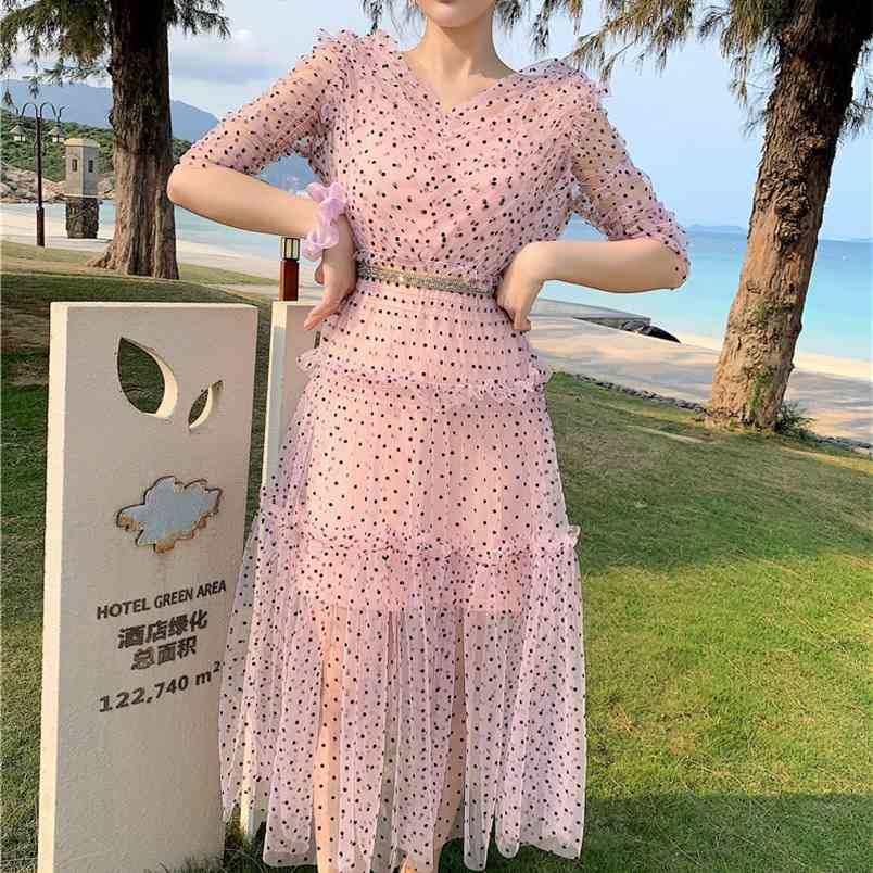 

Runway Summer Sexy V Neck Short Sleeve Polka Dot Mesh Long Dress For Women Vintage Elegant Ruffles Holiday Party 210519, Pink