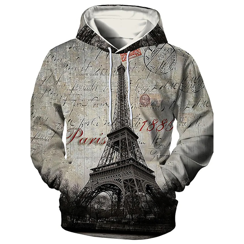 

Eiffel Tower print pattern men 3D printed hoodie visual impact party top punk goth round neck high quality American sweater hoodie, Black