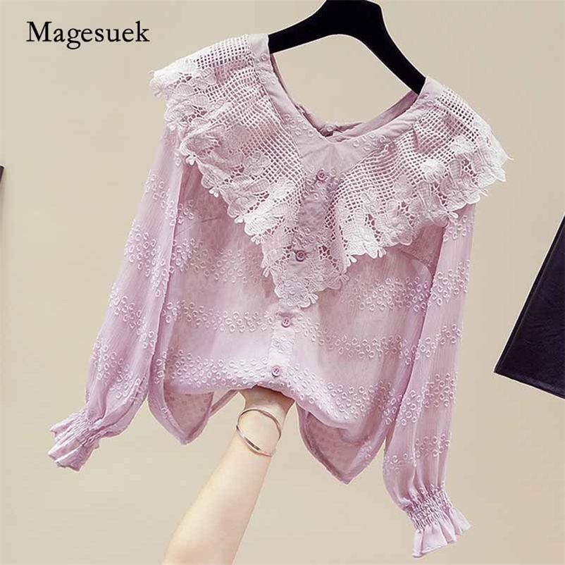 

Plus Size Pullovers Ladies Tops Office Floral Ruffles V Neck Women Blouse Autumn Lace Long Sleeve Chiffon Shirt 11158 210518, Pink