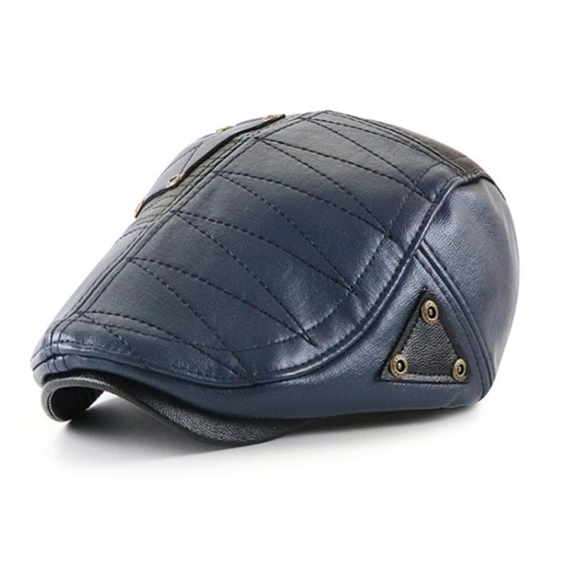 

Berets Winter PU Leather Cap For Men's Hat Warm Middle Aged Old Male Vintage Flat Caps Casual Patchwork Beret Hats Hiking, Black