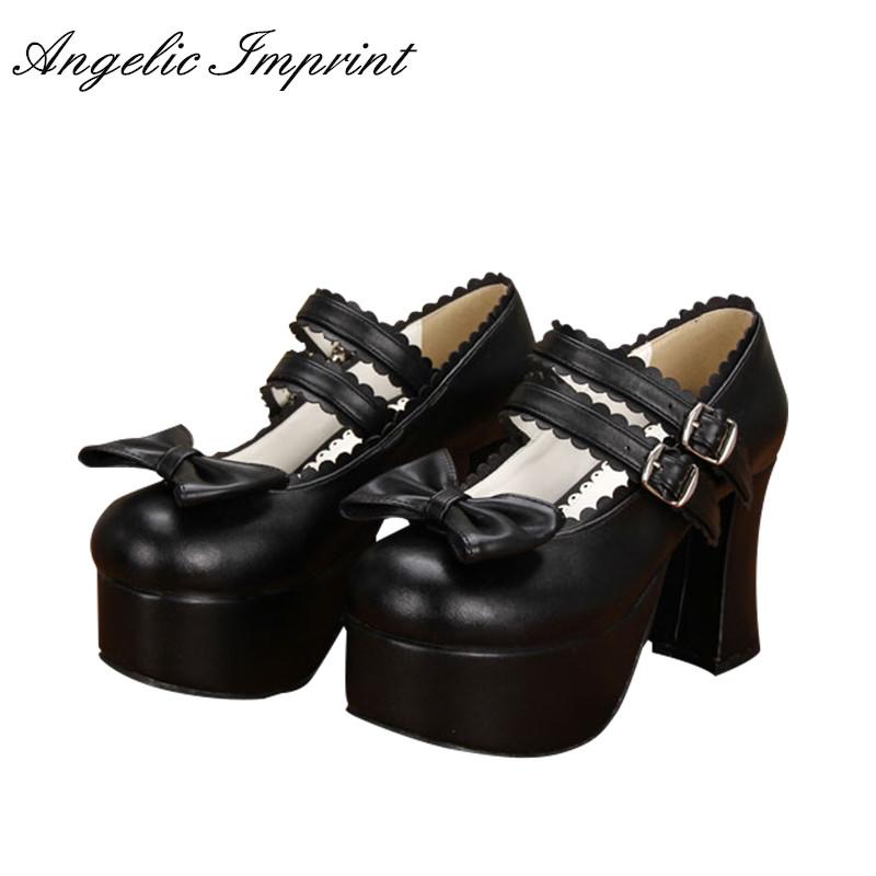 

9.5cm Block High Heel Lolita Cosplay Shoes Black Leather Platform Mary Jane Dress