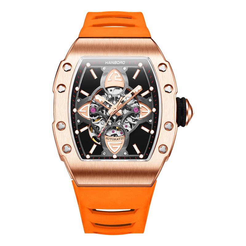 

Wristwatches HANBORO Men Luxury Watch Mens Automatic Watches 50m Water Resistant Luminous Mechanical Wristwatch Rubber Strap Tonneau Case, Mens watches 5