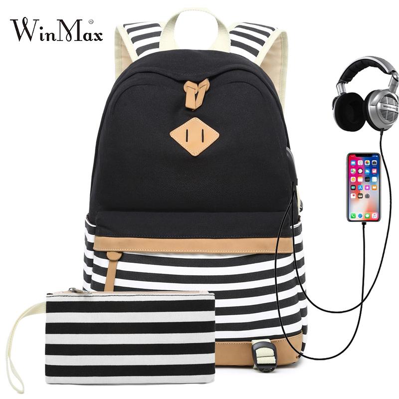 

School Bags 2 Sets USB For Teenager Girls Backpack Laptop Bag Women Travel Backpacks Phone Striped Print Mochila Feminina