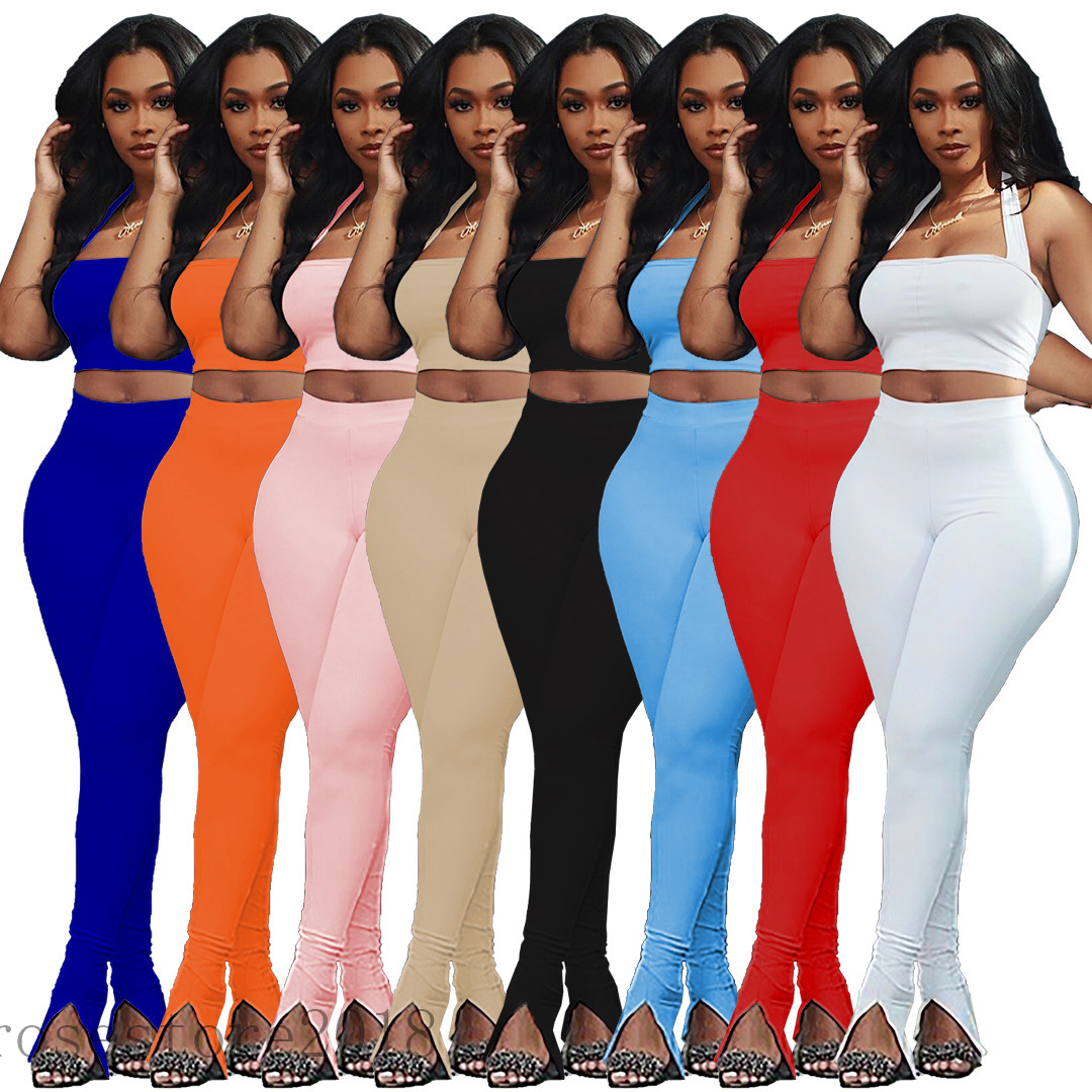 

Women' solid color nightclub style Breast wrap Split trouser legs two piece sets 2021 Designer fashion leisure slim Sling trousers Outfits, Pink