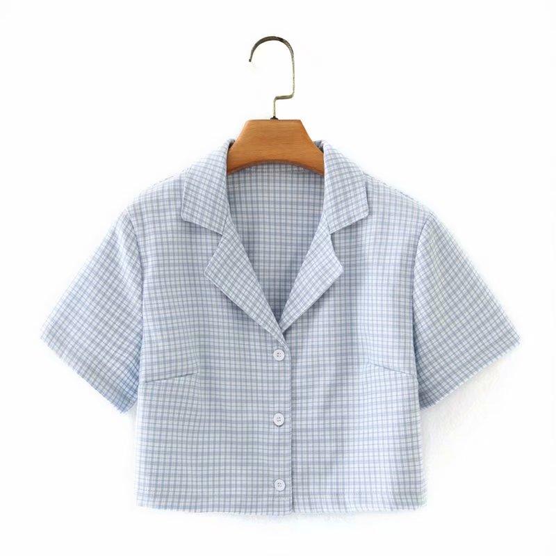 

Women's Blouses & Shirts 2021 Summer Crop Top Women Short Sleeve Plaid For Vintage Korean Button Up Shirt Blue Pink Green, Blue plaid