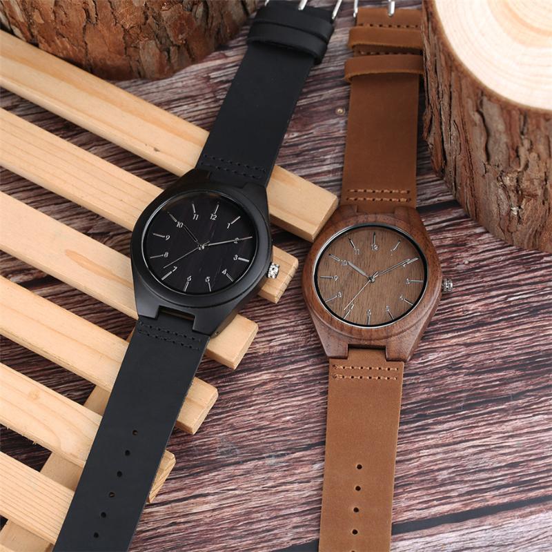 

Wristwatches Wood Watch Men Genuine Leather Strap Quartz Men's Watches Arabic Numerals Display Male Wooden Wristwatch Fashion Gifts 2021, Brown