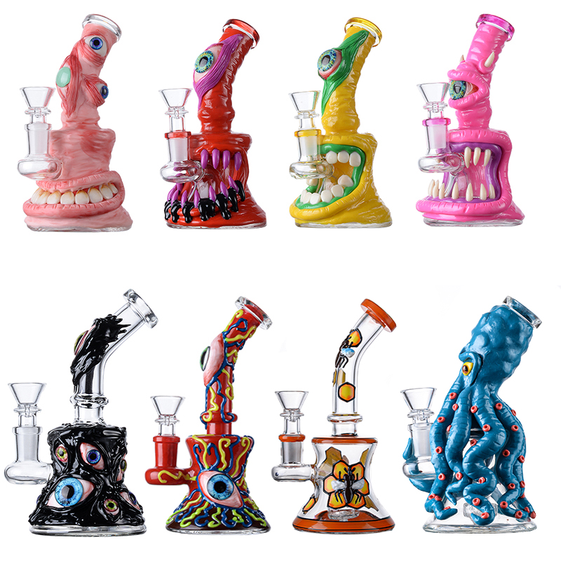

7 Inch Halloween Style Hookahs Mini Small Oil Dab Rigs Uniqe Glass Beaker Bongs Showerhead Perc Percolator Eye Handcraft Water Pipes 14mm Joint With Bowl
