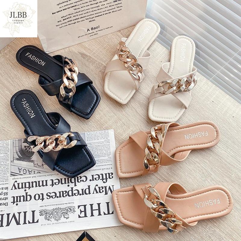 

Women Slippers Summer Fashion Decoration Chain Design Cross Upper Open Toe Flat Sandals Solid Color Outdoor Shoes, Beige white