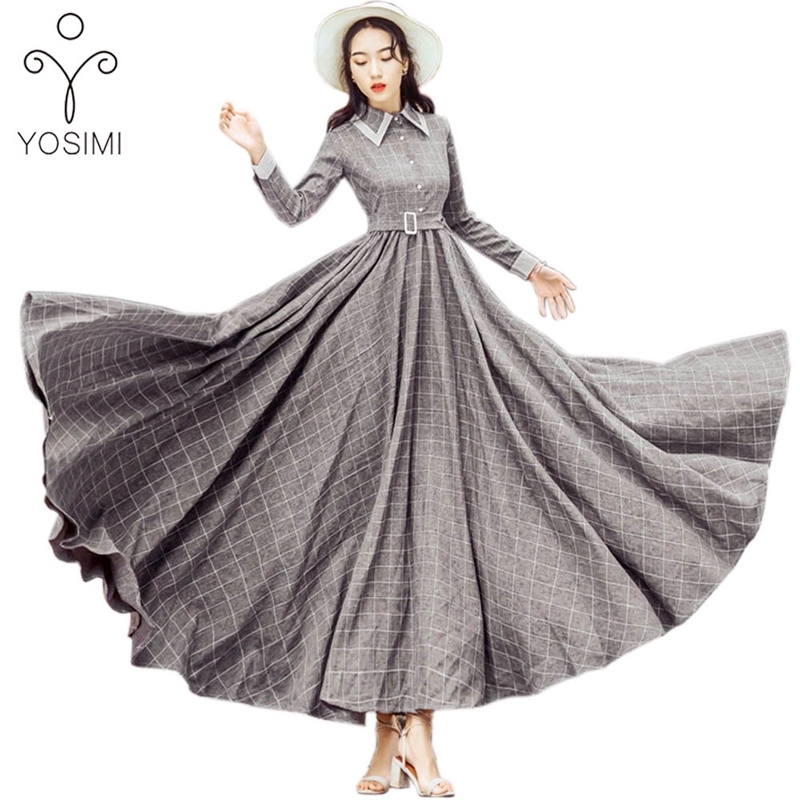 

YOSIMI Autumn Winter Maxi Vintage Plaid Long Women Dress Woolen Gray Shirt Dresses Female Vestidos Evening Party Costumes 210604