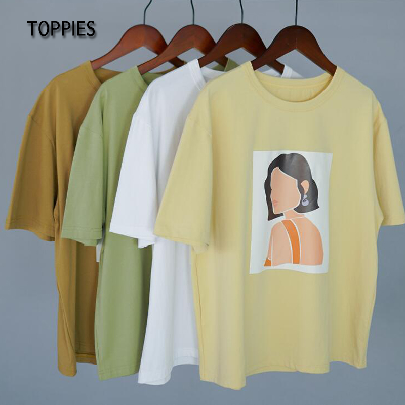 

Toppies Women T-shirts Character Printing Tops Tees Summer Tops Short sleeve 95% cotton clothes, Beige