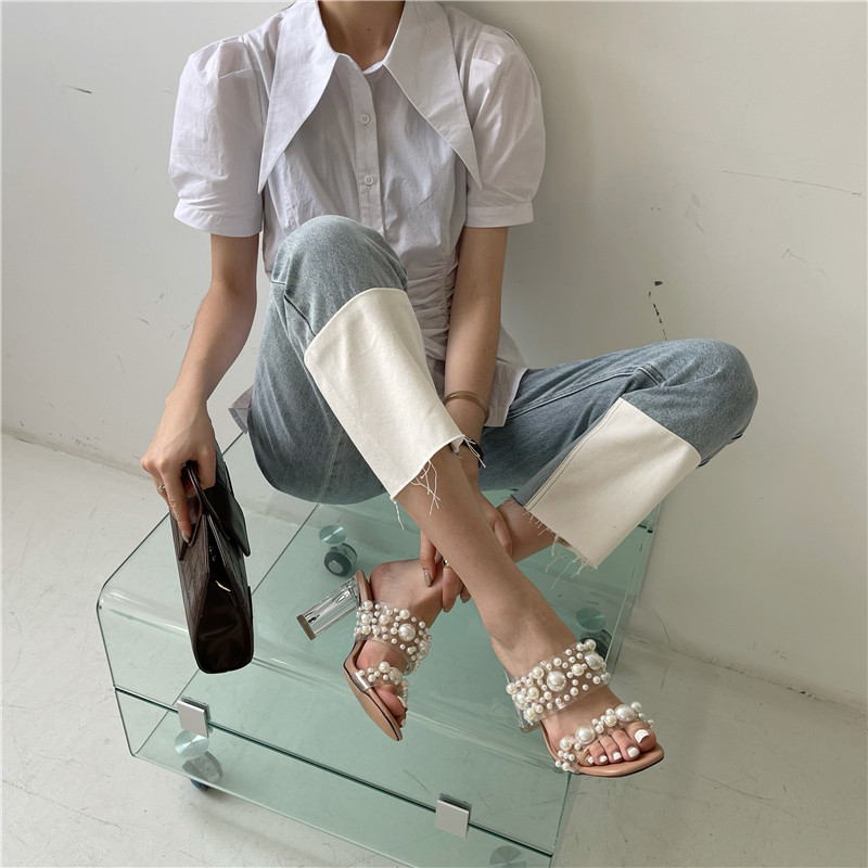 

Eilyken New Transparent PVC String Bead Shoes Woman Fashion Open Toe Slippers Crystal Perspex Heels Slides Beach Sandale Femm hfgahglkajg, Apricot 6.5cm