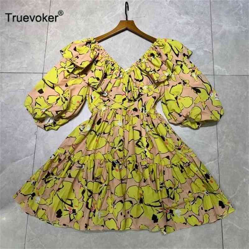 

Truevoker European High Street Cottagecor Resort Dress Lady Puff Sleeve Multi Print Cute Wedding Party Robe 210602