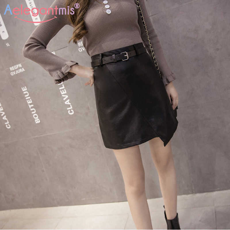 

Aelegantmis Leather Women Skirt Mini A-line Empire Female Streetwear Black Sashes Office Pu Skirts Womens Spring with Belt 210607