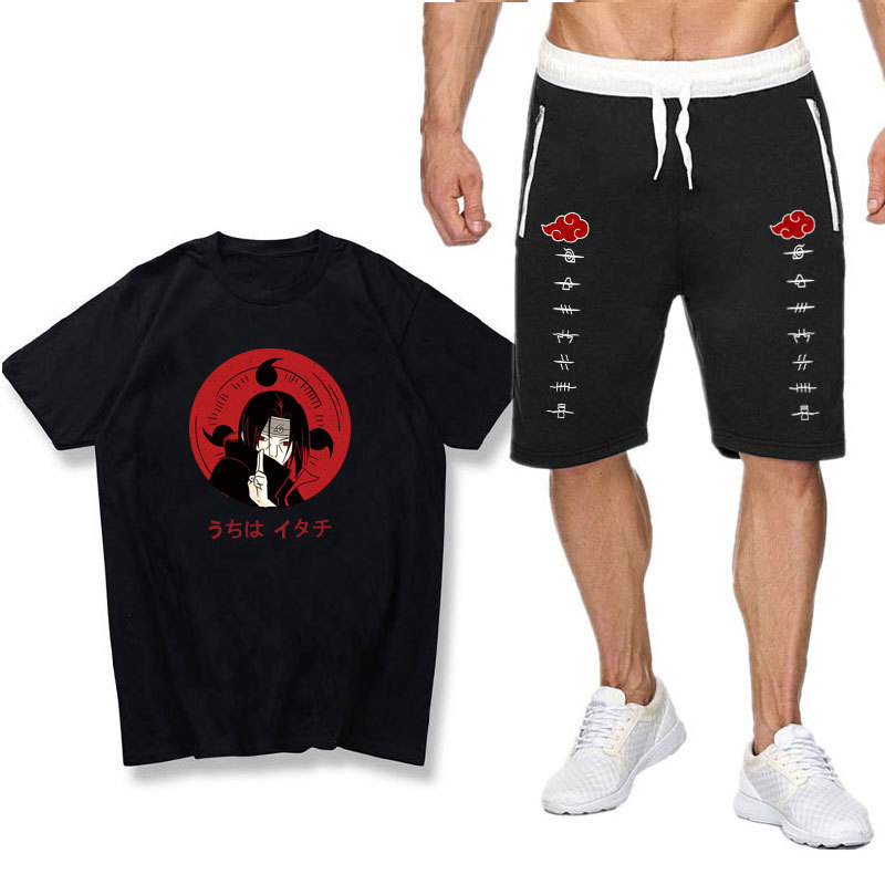 

T-shirt Set Shorts Japanese Anime Ninja Short Sleeve Naruto Member Print Men's and Women's Pants Set, Black