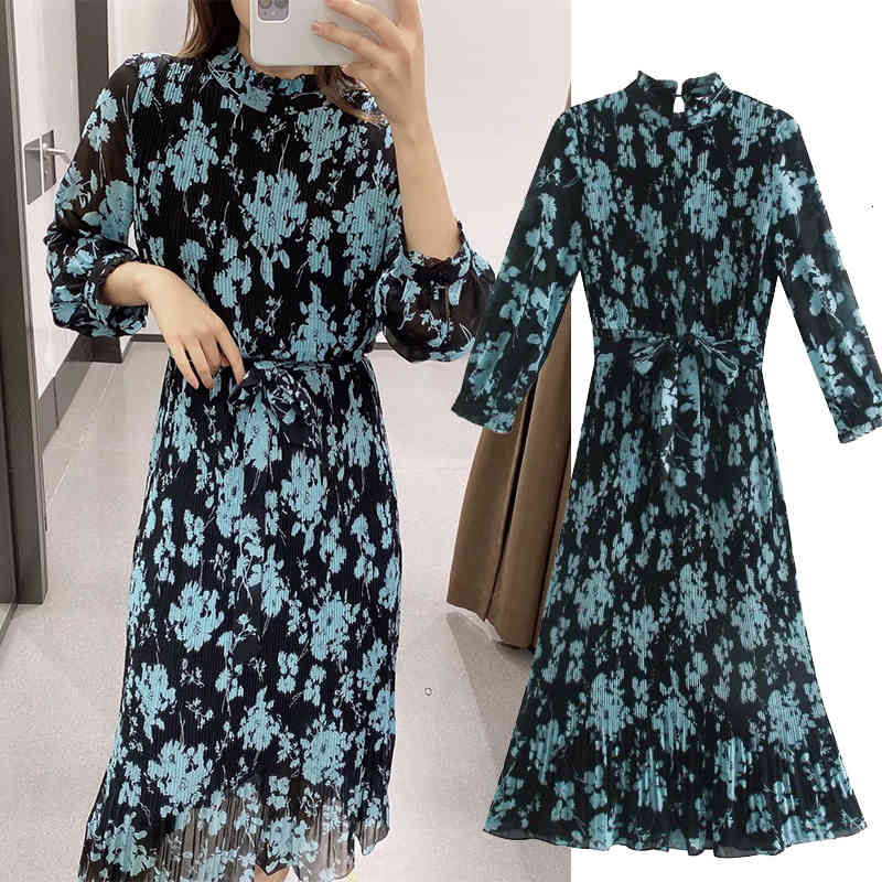 

Casual Dresses Lace up printing Folds dress womens midi lapel Retro Long sleeve slim waist vestidos chic party es RCUG, Beige