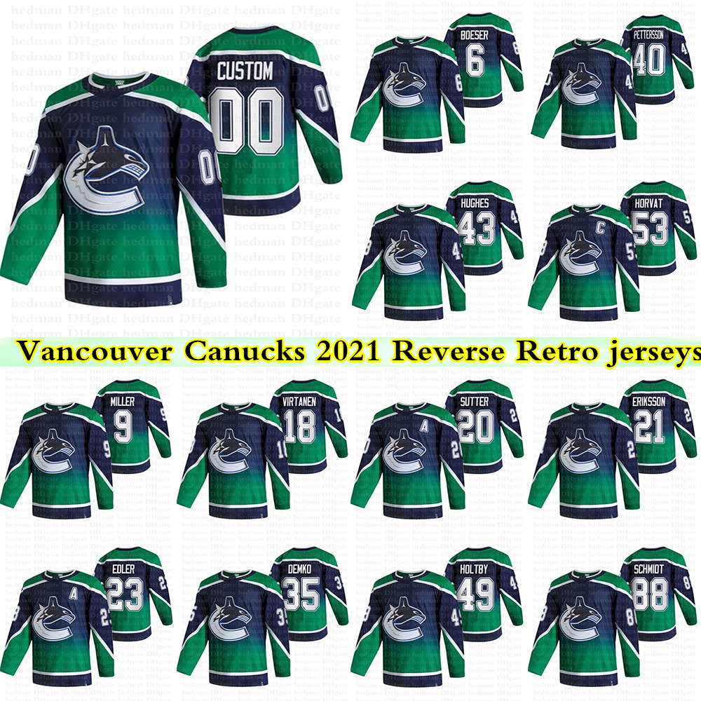 

Vancouver Canucks 2021 Reverse Retro jersey 40 elias pettersson 43 quinn hughes 53 bo horvat 6 brock boeser 10 Pavel Bure hockey jerseys, Blue green